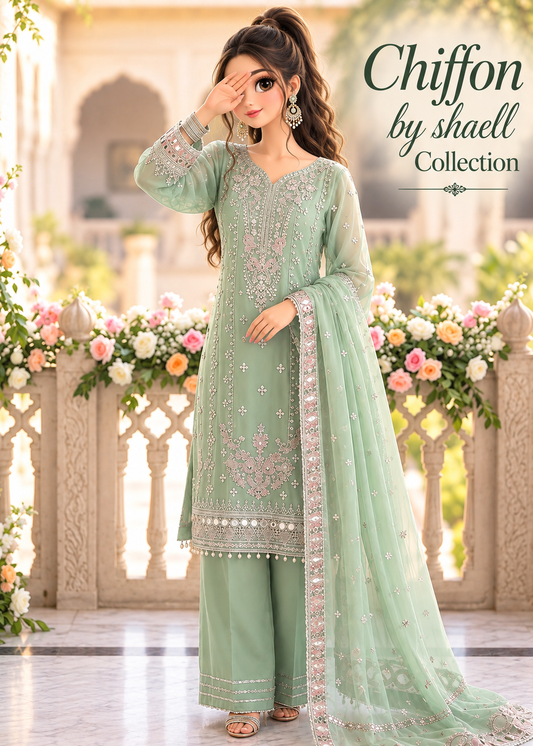 11AGrern - Luxury chiffon 3-piece stitched  with chiffon dupata border organa cutwork