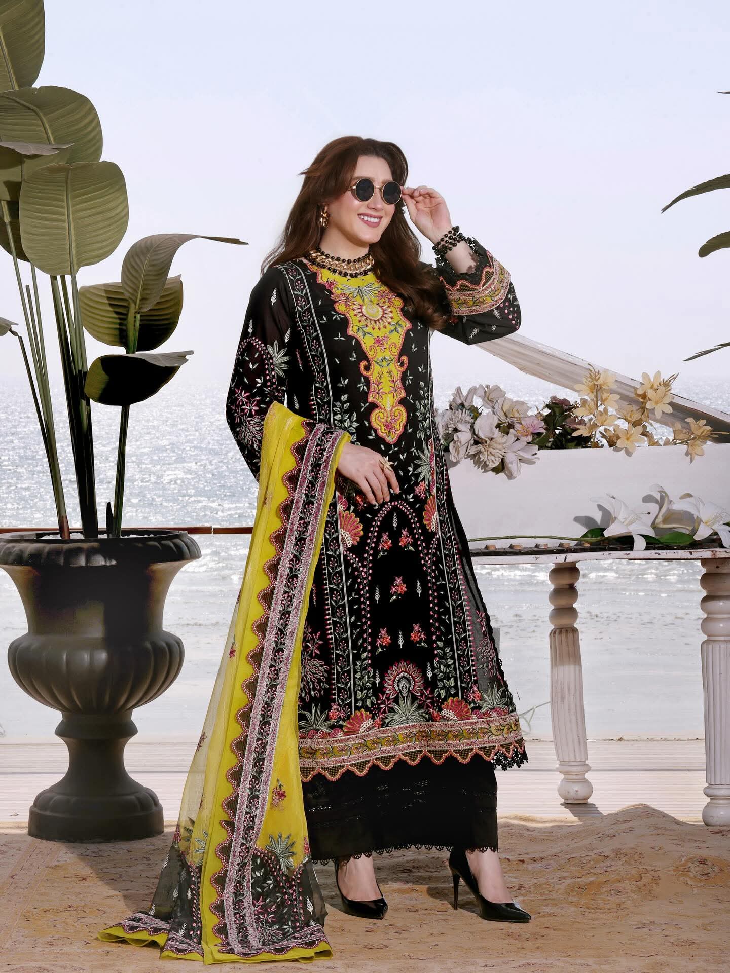 Aneela's original luxury summer wear embroidered with cotton net dupata