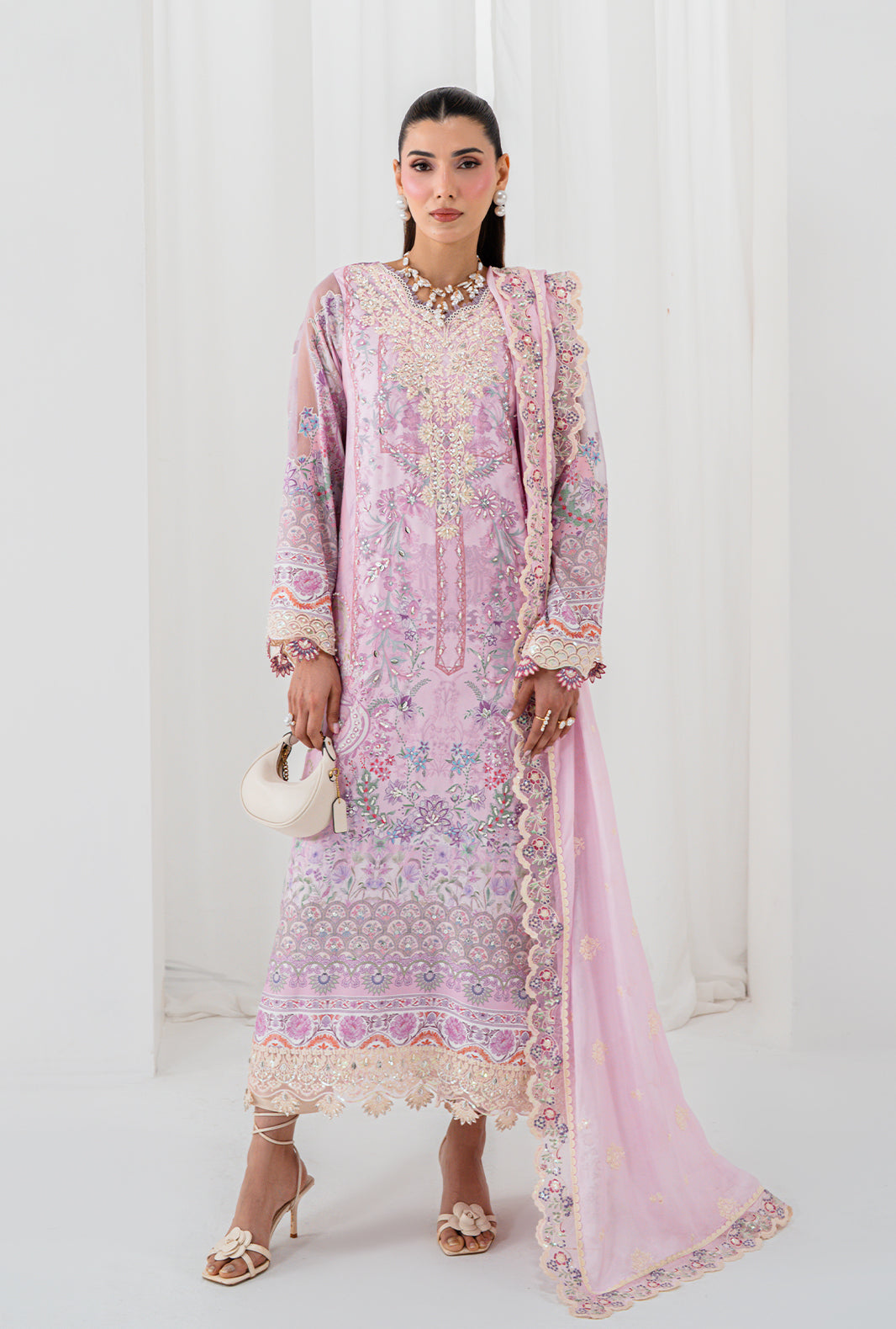 AA1 Original brand stitched  crepe silk 3piece suit with silk full embroidered Dupata with 4side emberoidered patch