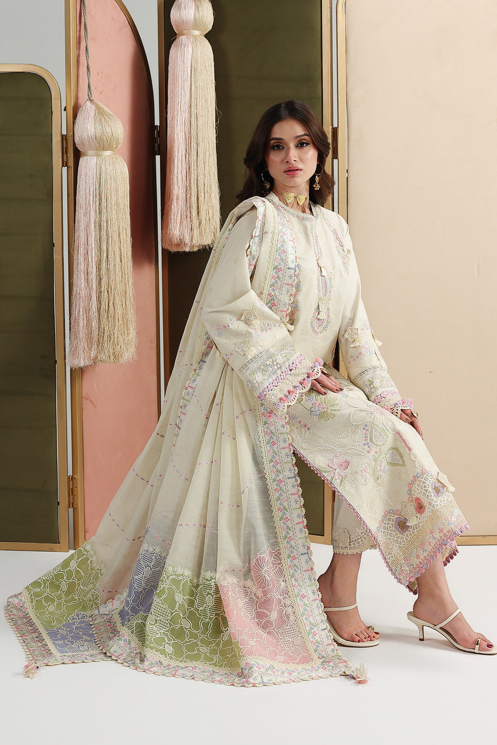 AA1 Original Qalamkar brand stitched 3-piece Luxury Lawn with soft net Dupatta Emberoidered embellished Dress.