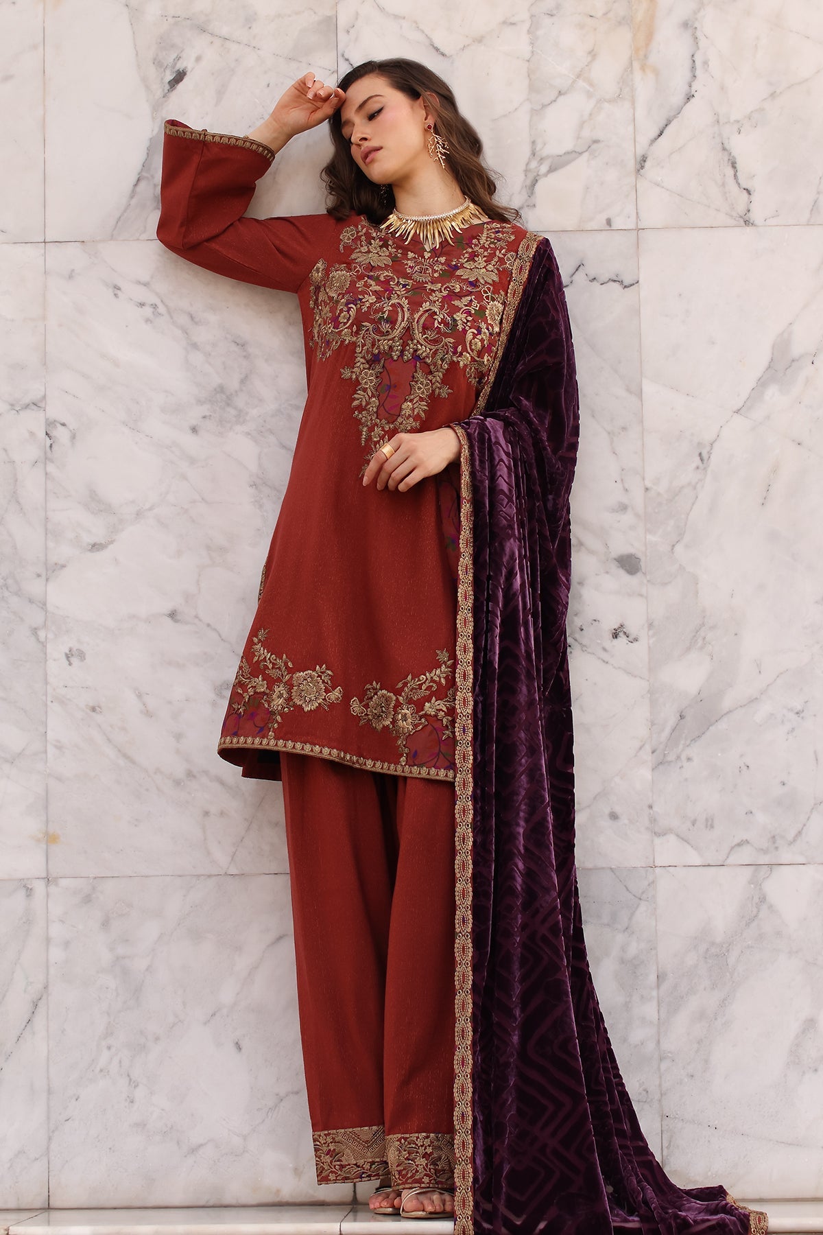 AAA Original by charizma brand stitched Peach Leather fabric with palachi Shawl 3-piece