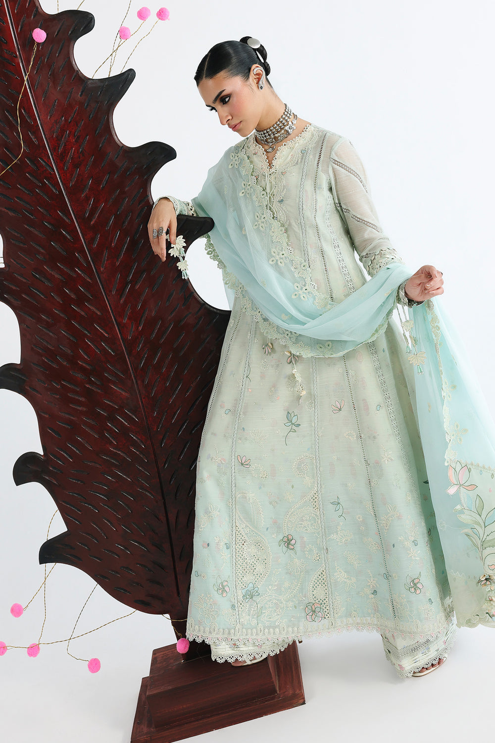 AA1 Original Qalamkar brand stitched 3-piece Luxury Lawn with soft net Dupatta Emberoidered embellished Dress.