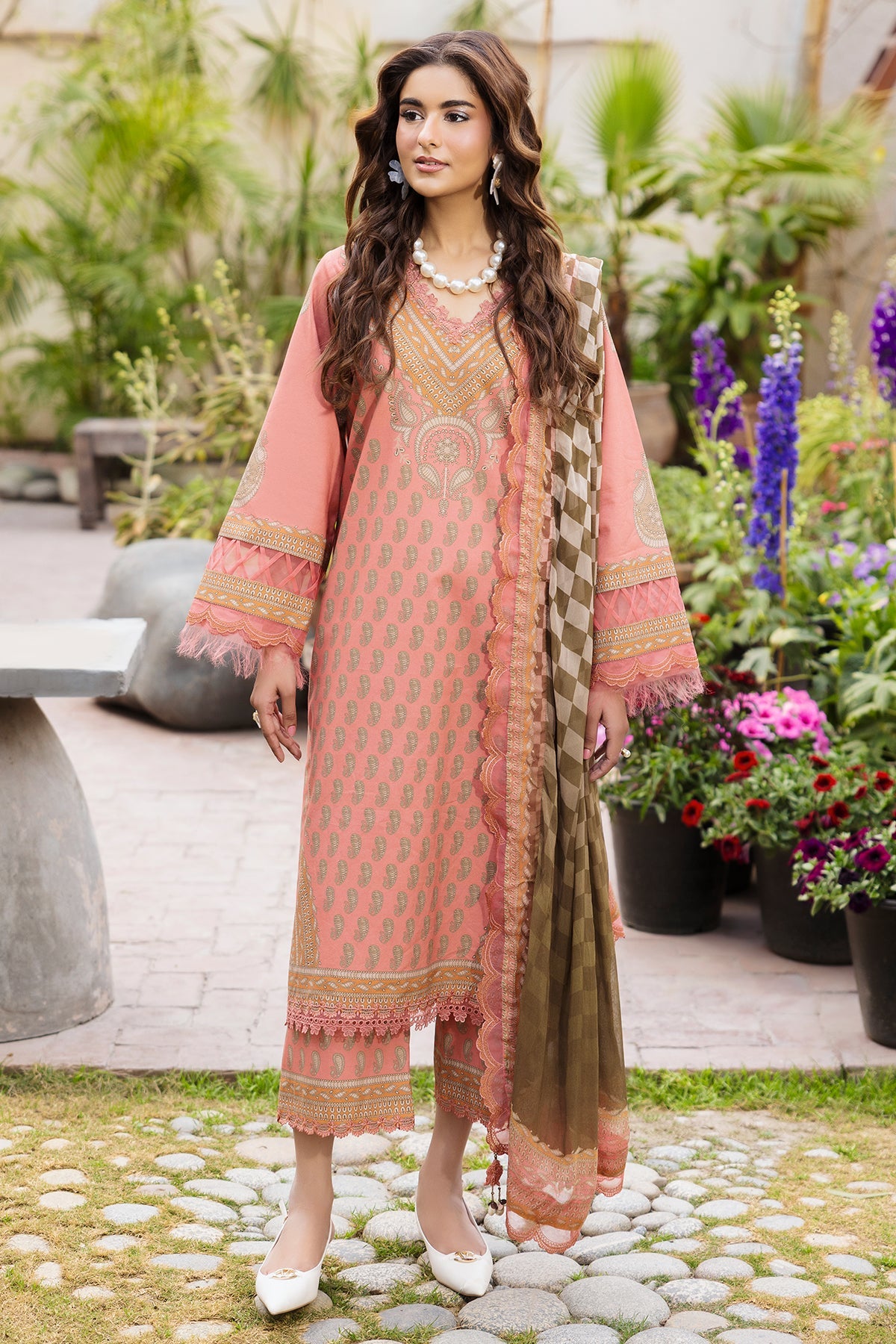 AA1 Charizma Original Brand stitched 3-piece Embroidered luxury lawn with chiffon dupata Same Like model pic