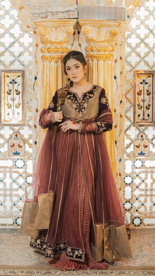 Original by Zahra ahmad brand neckline embellish with velvet and frock with net fabric with net dupata 2 piece