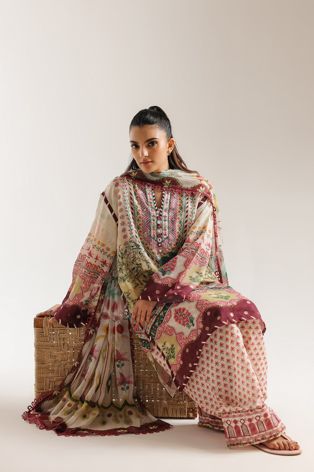 ETHNIC ORIGINAL 3-PIECE Summerwear pollylawn with chiffon dupatta farshi shalwar