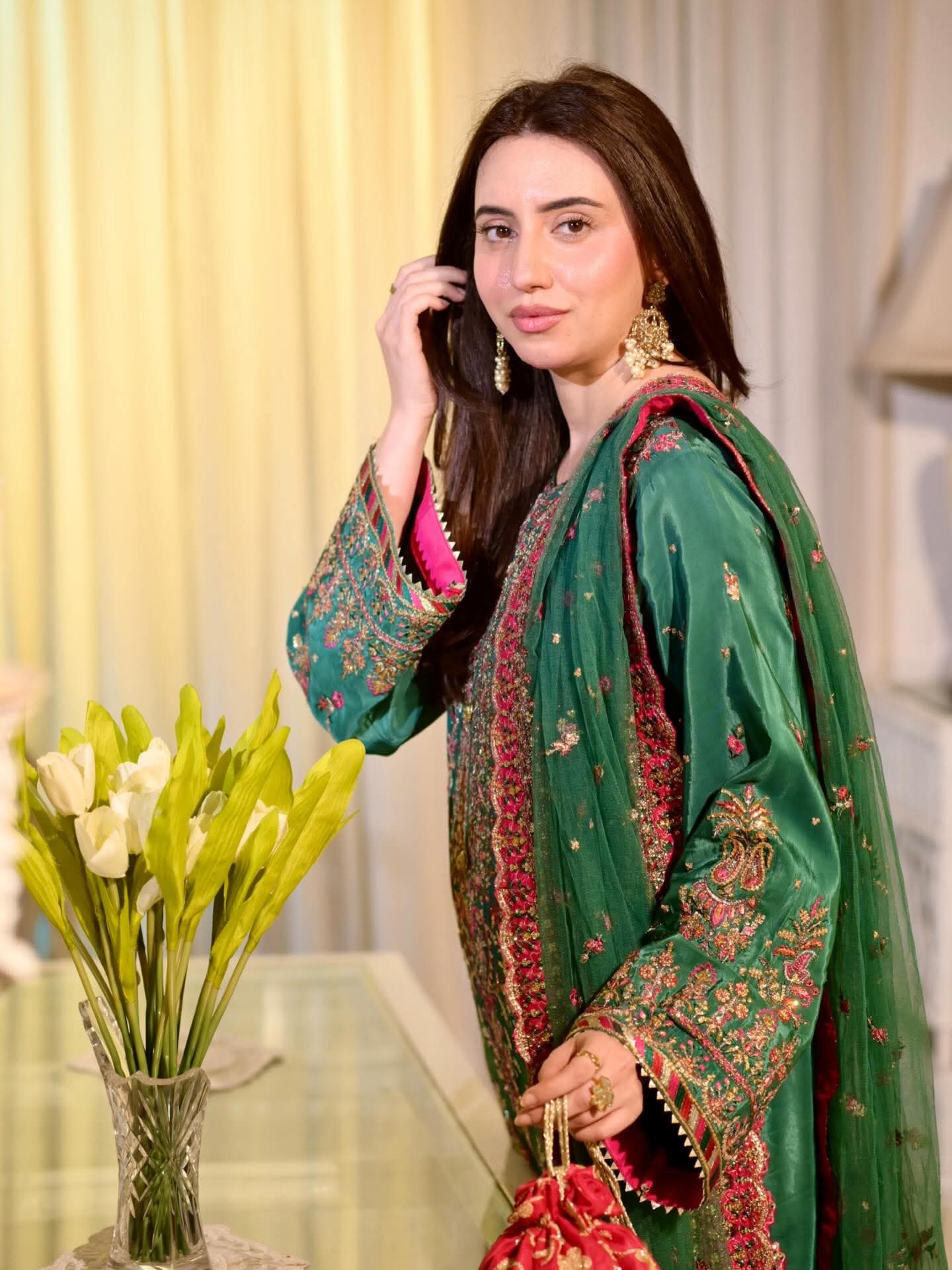 Aneela's original shesha silk emberoidered luxury suit with net dupata full embroided