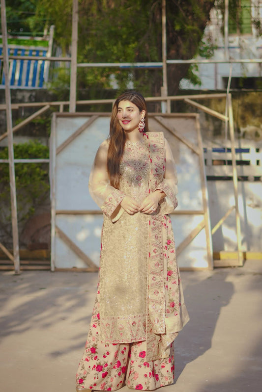 Aneela's original luxury suit kameez Organza stuff trouser raw silk dupatta chiffon
