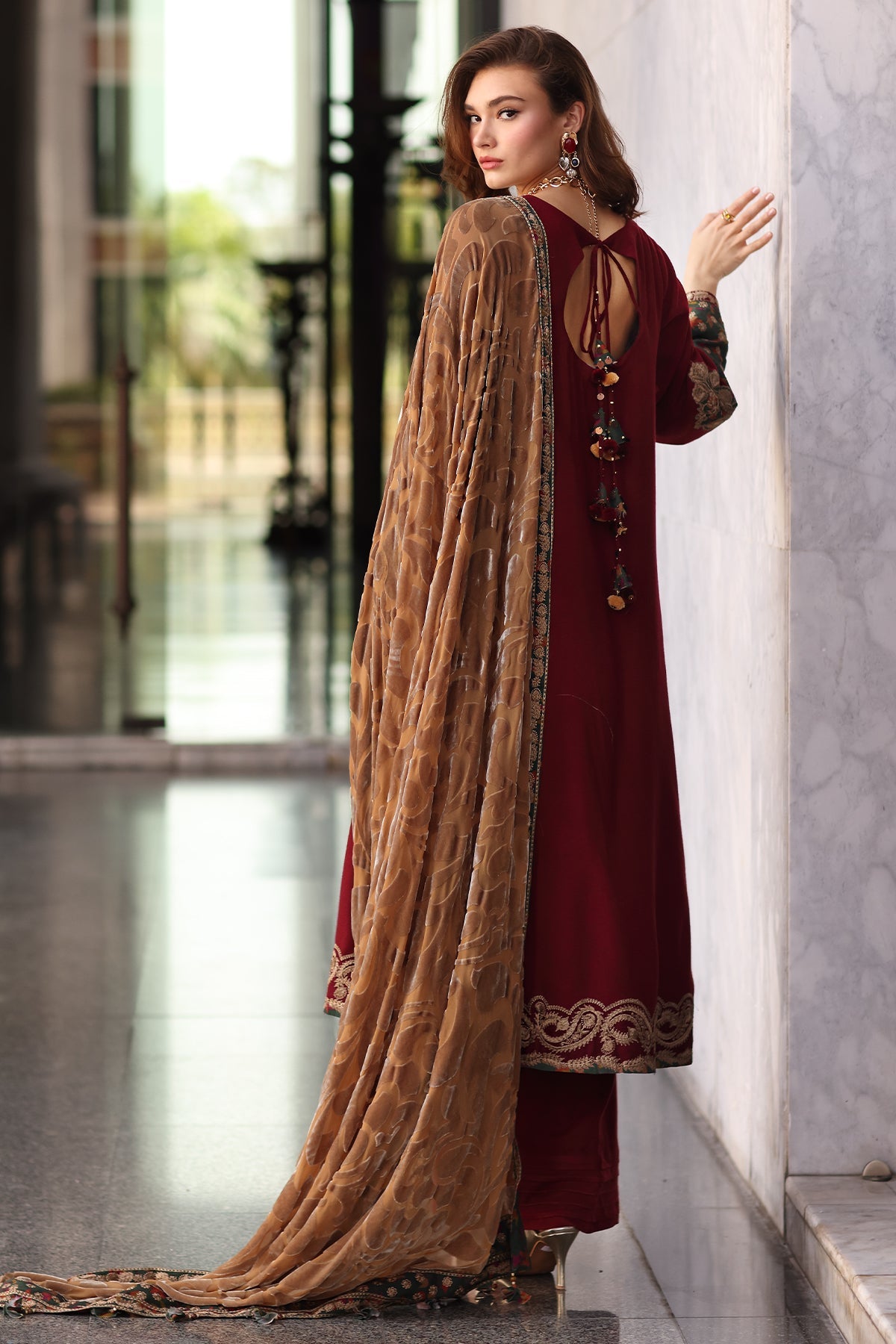 AAA Original by charizma brand stitched Peach Leather fabric with palachi Shawl 3-piece