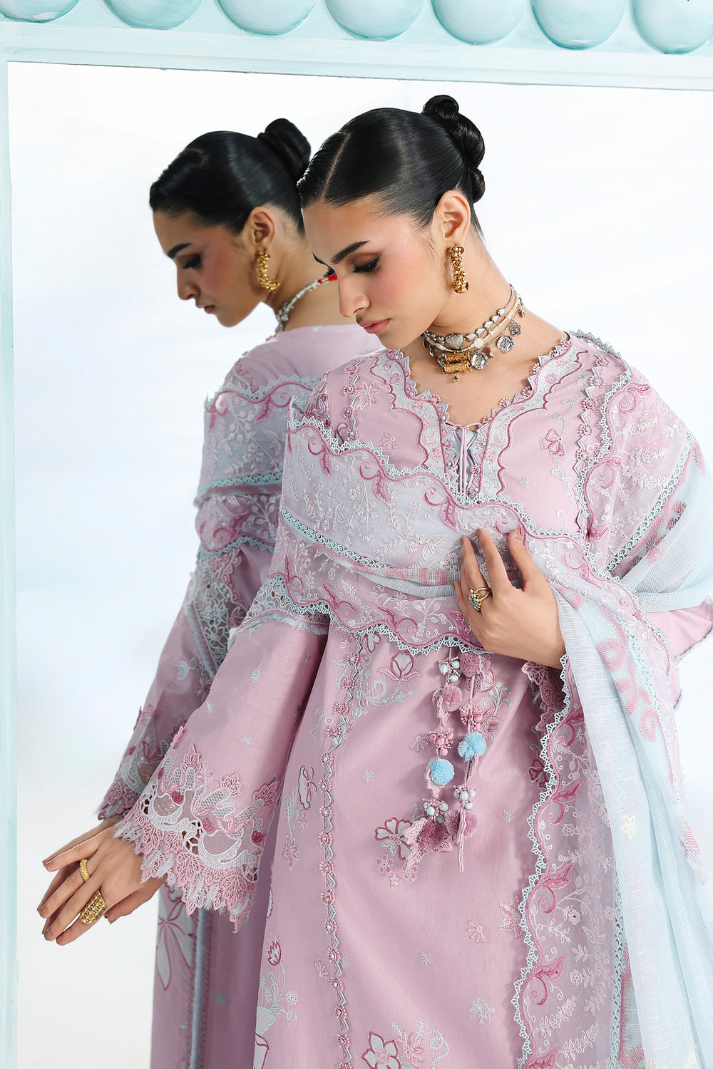 AA1 Original Qalamkar brand stitched 3-piece Luxury Lawn with soft net Dupatta Emberoidered embellished Dress.