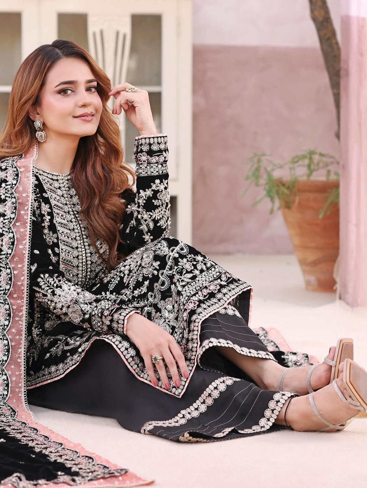 Aneela's original Luxury velvet suit kameez shawl with velvet material trouser embroidered silk fabric