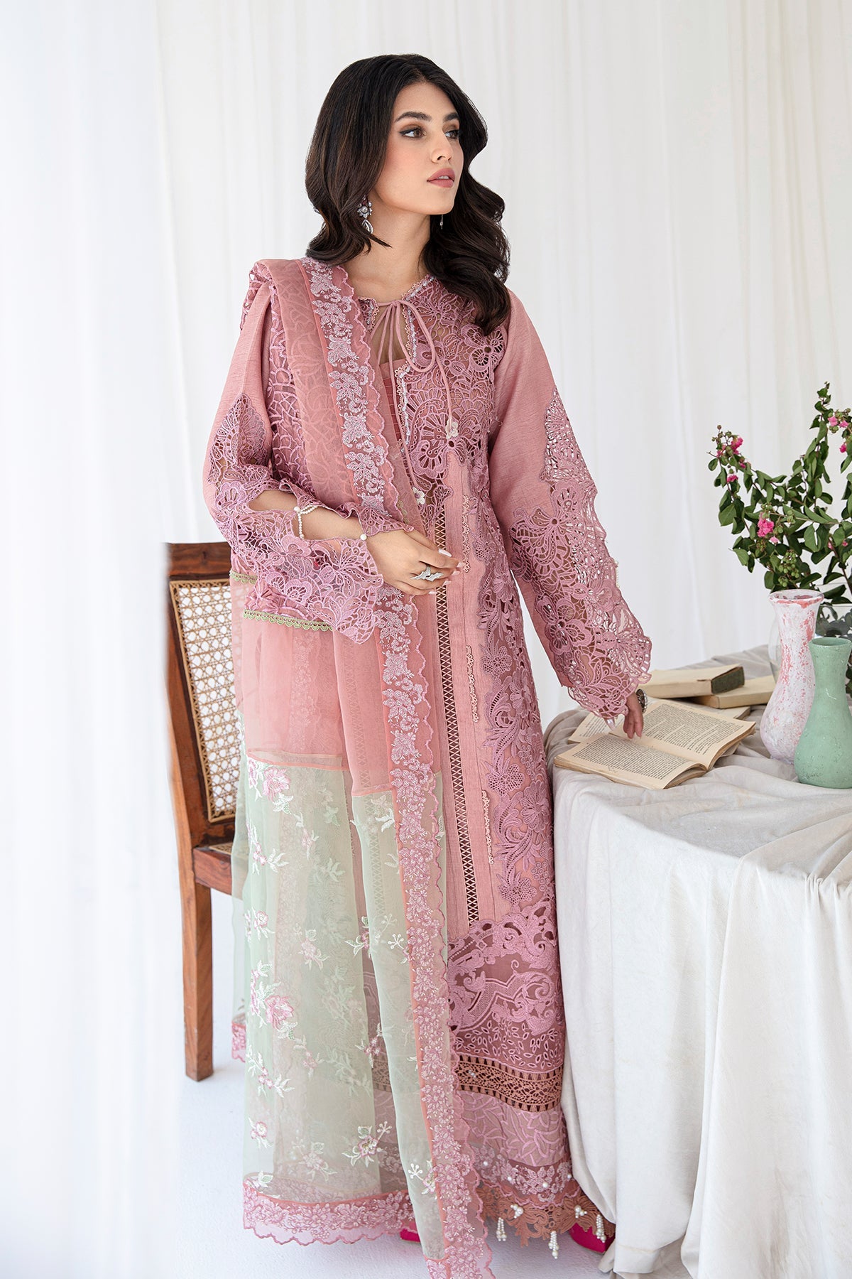 AA1 Ajr coture original raw silk suit with organza dupata brand stitched