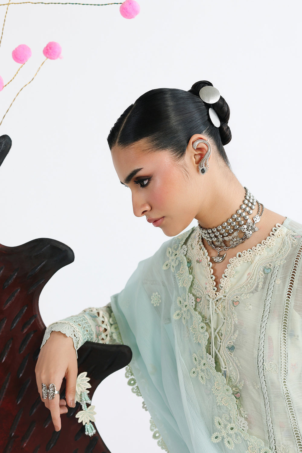 AA1 Original Qalamkar brand stitched 3-piece Luxury Lawn with soft net Dupatta Emberoidered embellished Dress.