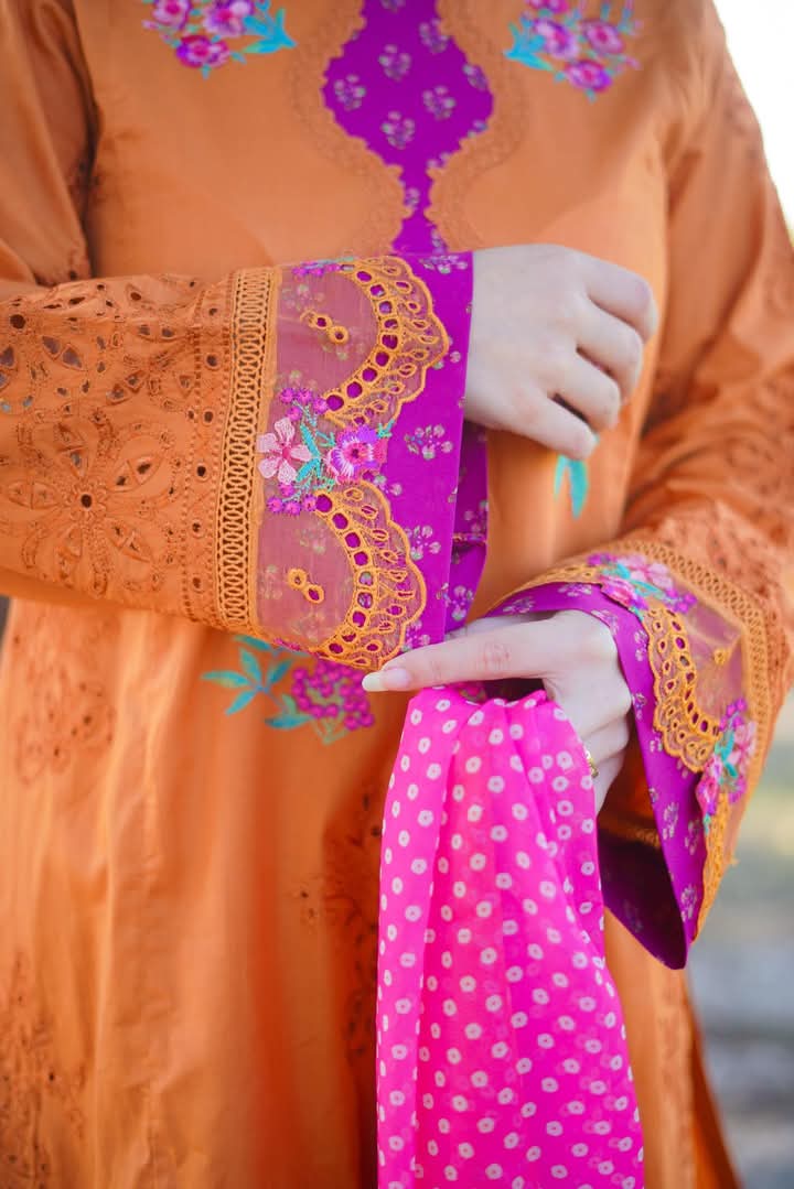 Aneela's original 3-Piece Lawn chikenkari with silk dupatta