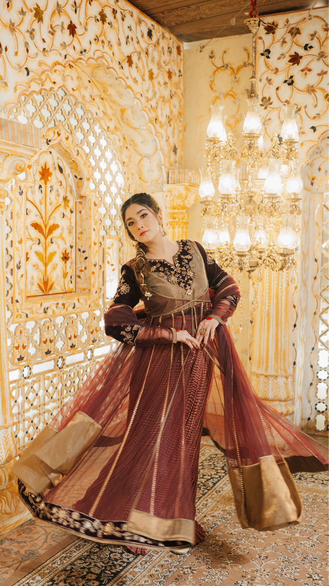 Original by Zahra ahmad brand neckline embellish with velvet and frock with net fabric with net dupata 2 piece
