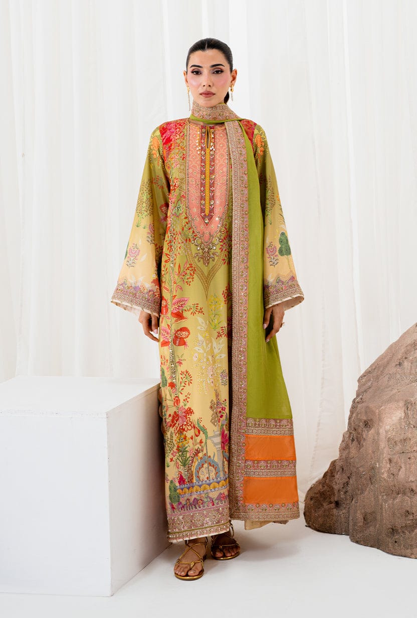 AA1 Original brand stitched  crepe silk 3piece suit with silk embroidered Dupata