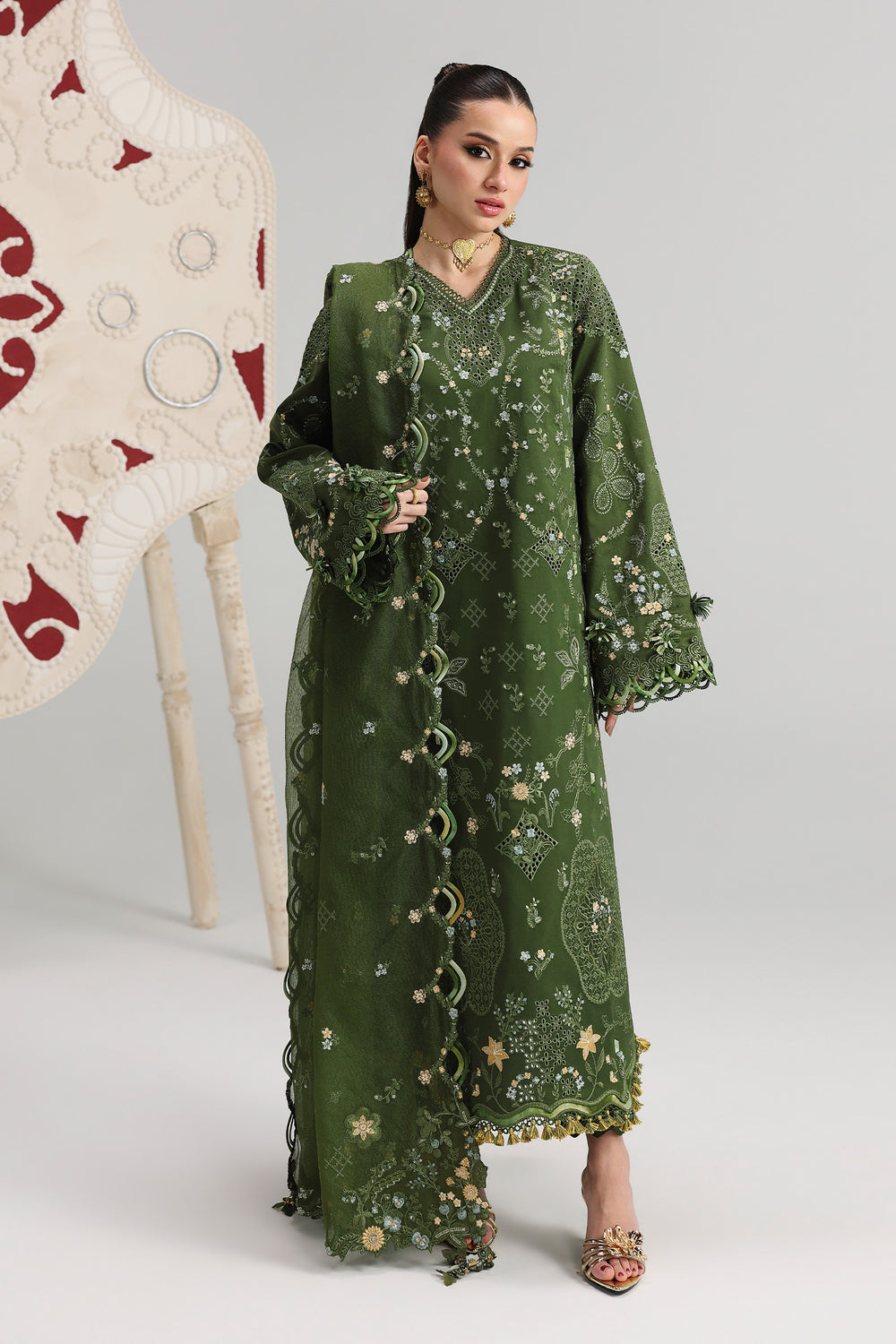 AA1 Original Qalamkar brand stitched 3-piece Luxury Lawn with soft net Dupatta Emberoidered embellished Dress.