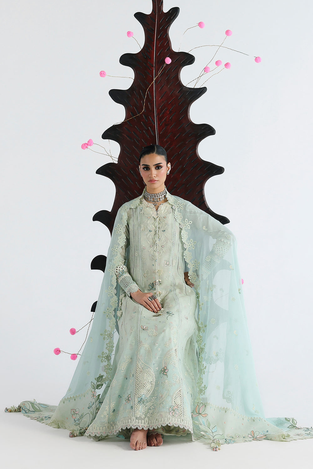 AA1 Original Qalamkar brand stitched 3-piece Luxury Lawn with soft net Dupatta Emberoidered embellished Dress.