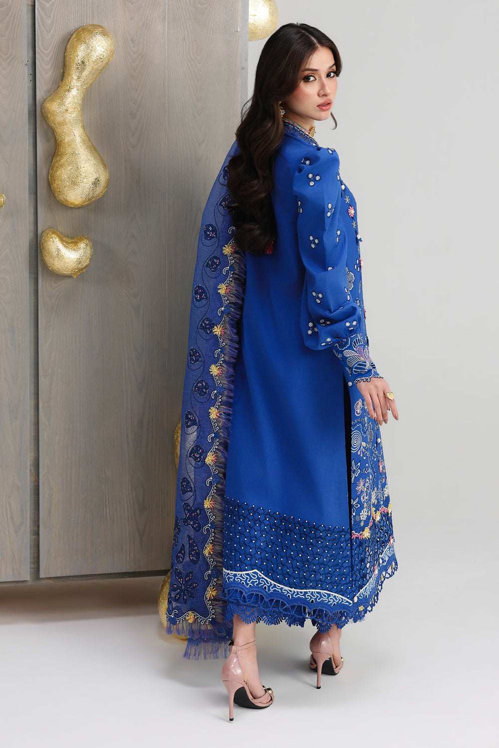 AA1 Original Qalamkar brand stitched 3-piece Luxury Lawn with soft net Dupatta Emberoidered embellished Dress.
