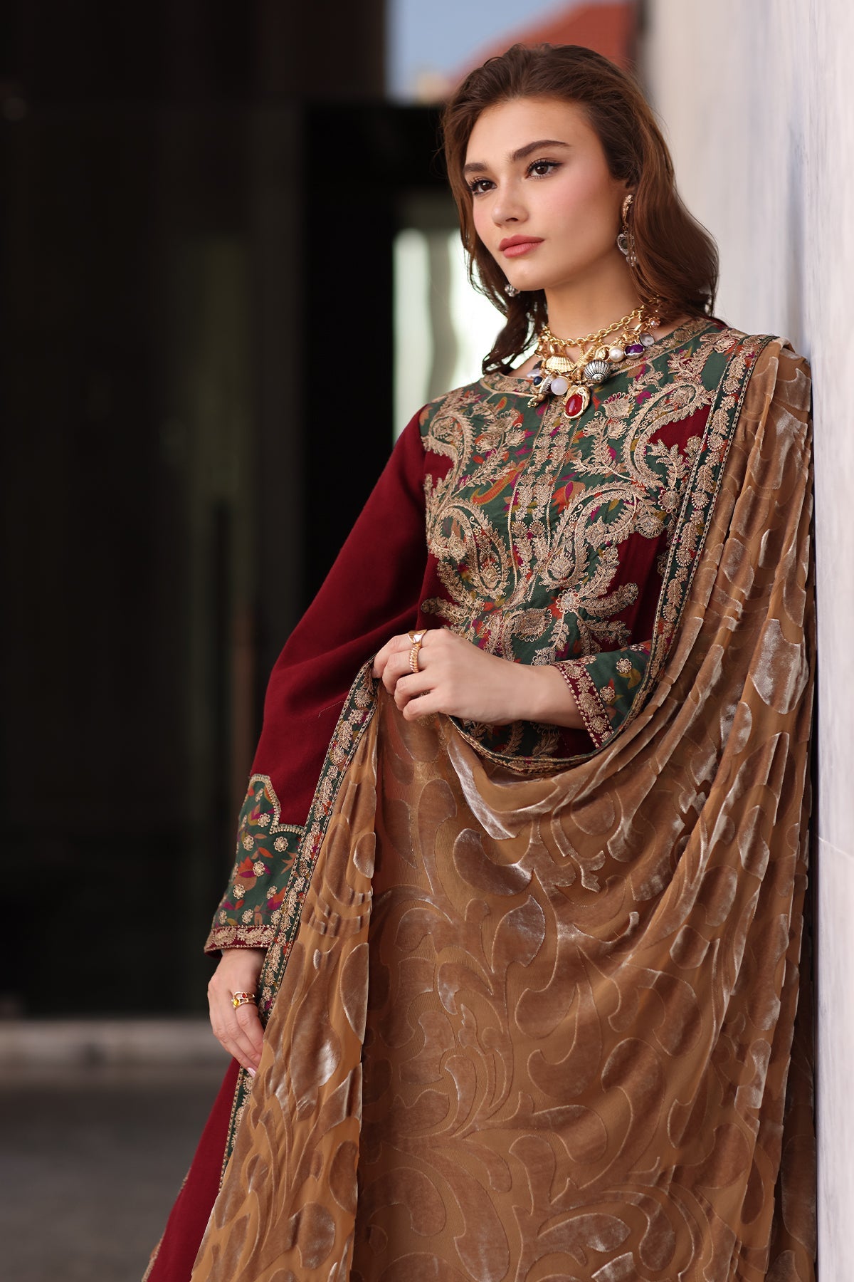 AAA Original by charizma brand stitched Peach Leather fabric with palachi Shawl 3-piece