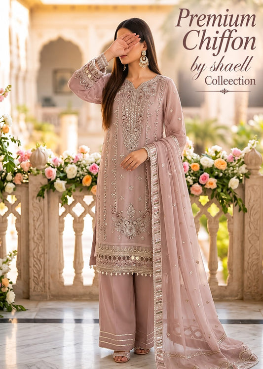 11A-Light Peach 3-piece chiffon stitch with chiffon dupata