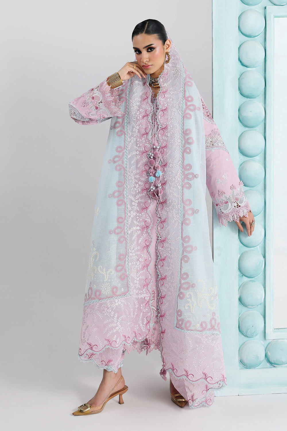 AA1 Original Qalamkar brand stitched 3-piece Luxury Lawn with soft net Dupatta Emberoidered embellished Dress.