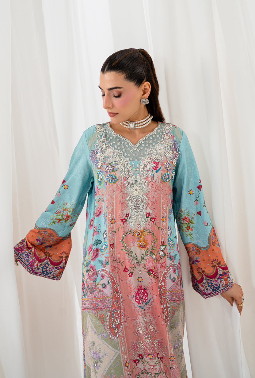 AA1 Original Crepesilk embroidered with adda work embellishement 3-piece with embedded silk dupata