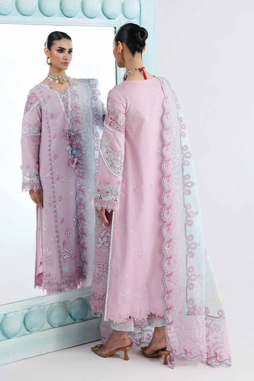 AA1 Original Qalamkar brand stitched 3-piece Luxury Lawn with soft net Dupatta Emberoidered embellished Dress.