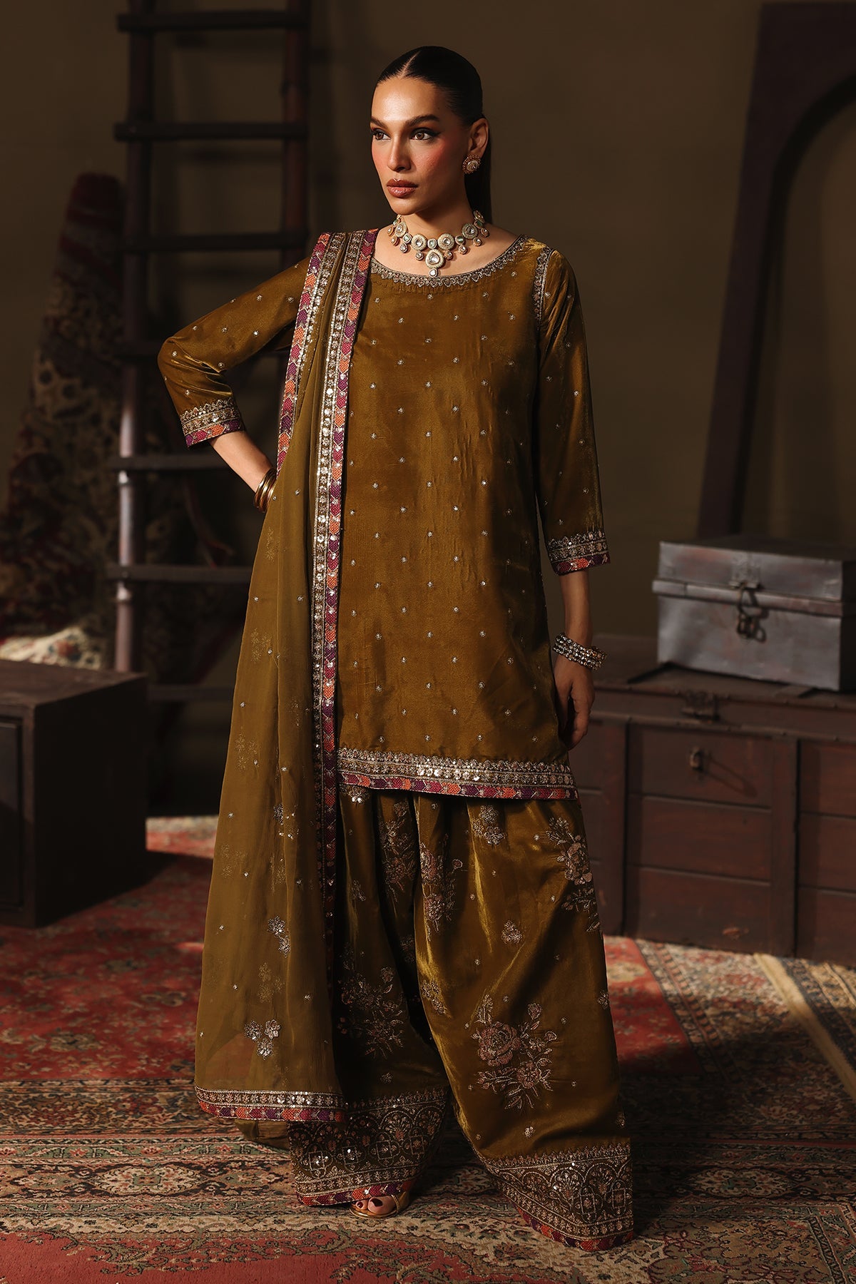 AAA Charizma original Eid Collection velvet fabric dupata chiffon farshi shalwar collection