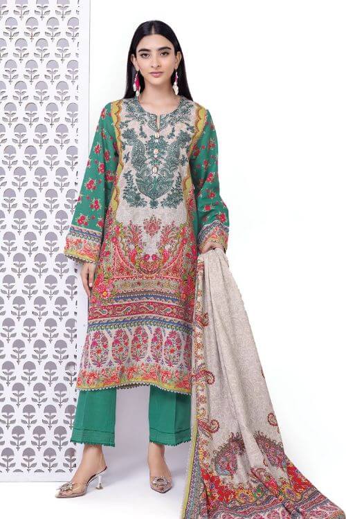 original khaddi brand tailor stitched 3-piece khaddar dress shawl also with khaddar