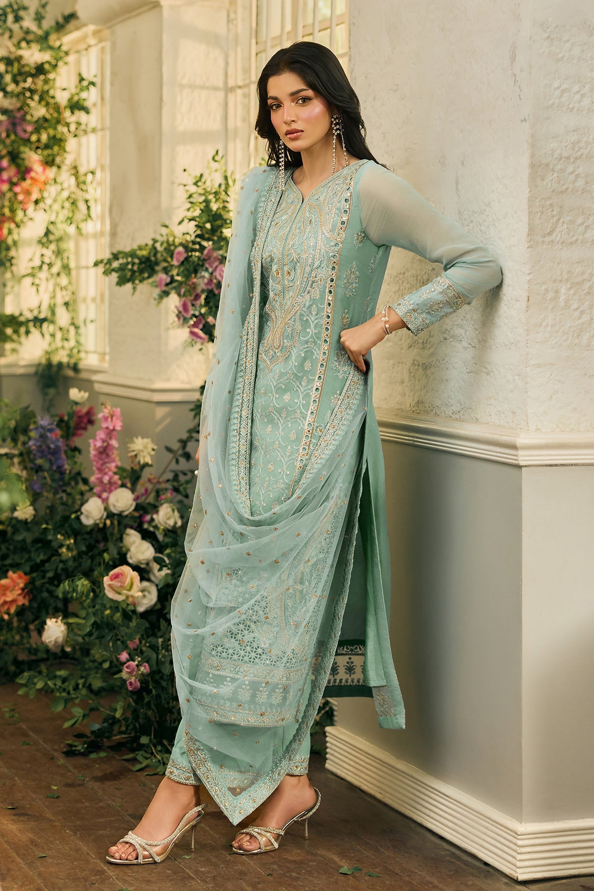 A1 Charizma brand Stitched original luxury embroidered Cline chiffon collection with net dupata dupata embroidered same like pic