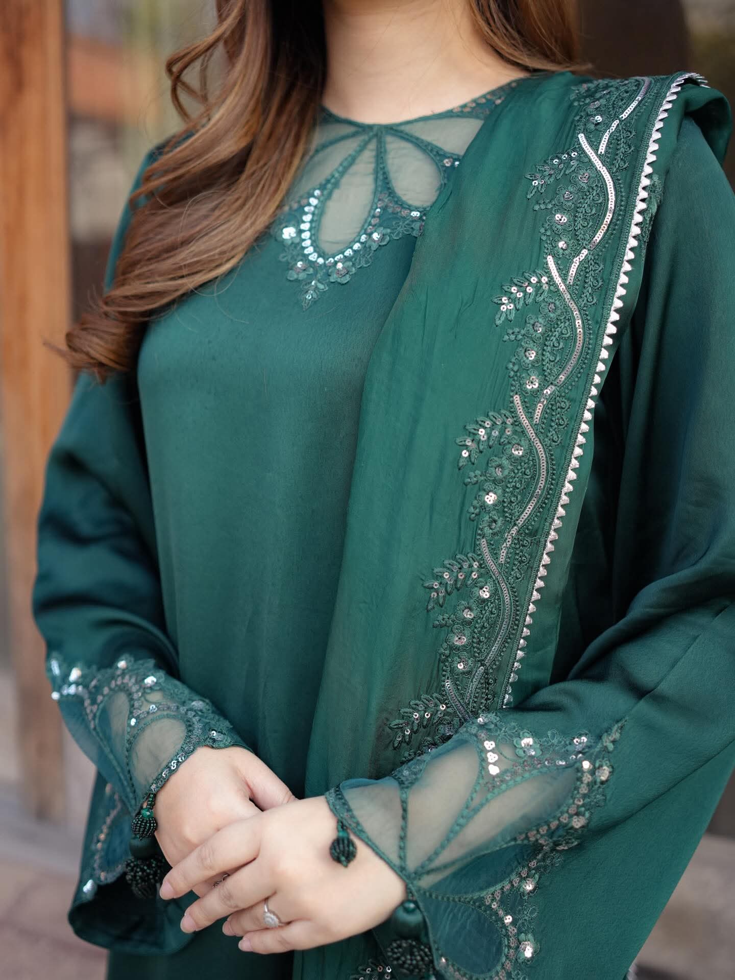 AA Aneela's original embroidered tussel silk with silk dupata 3-piece stitched same like model pic