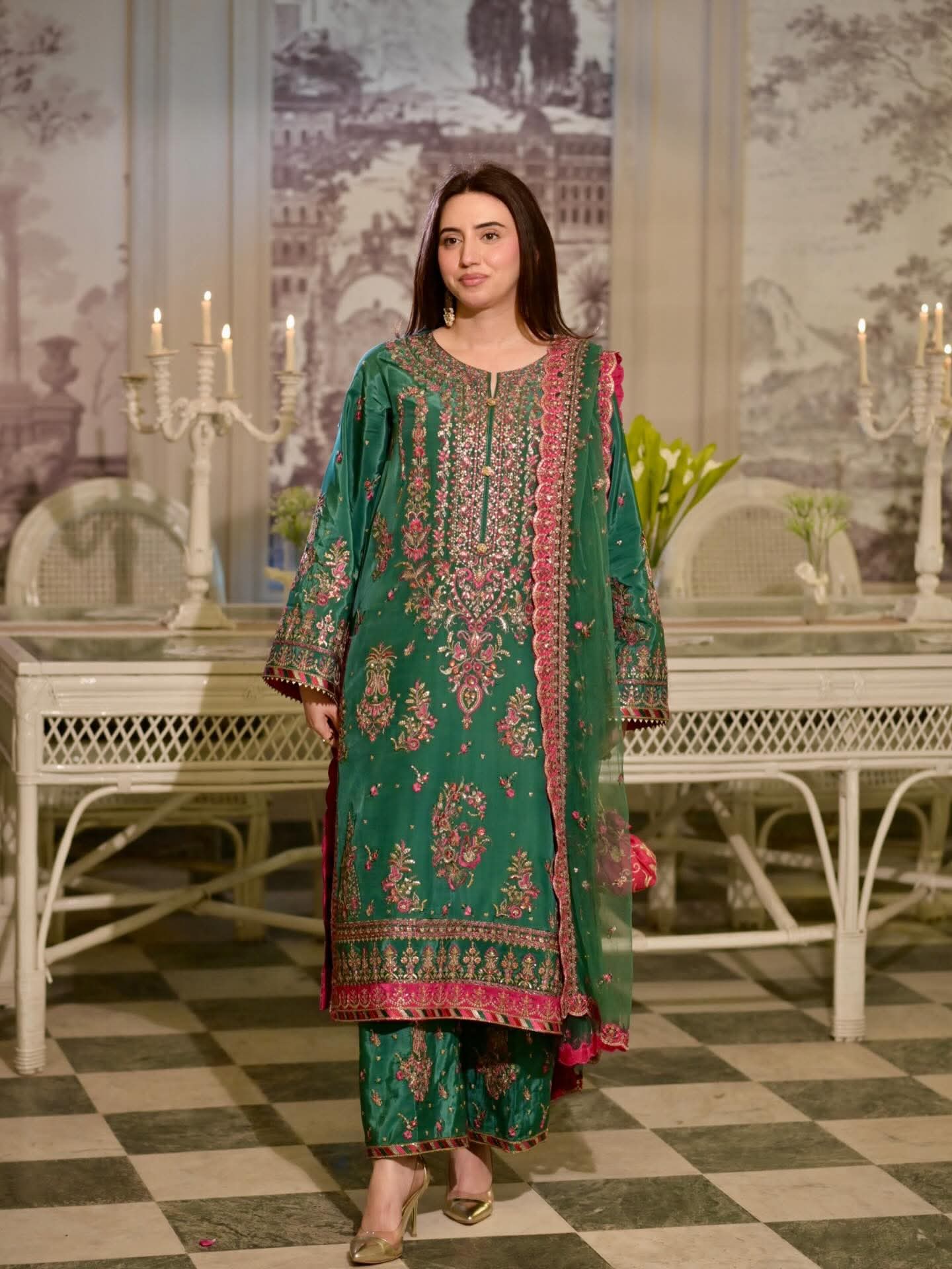 Aneela's original shesha silk emberoidered luxury suit with net dupata full embroided