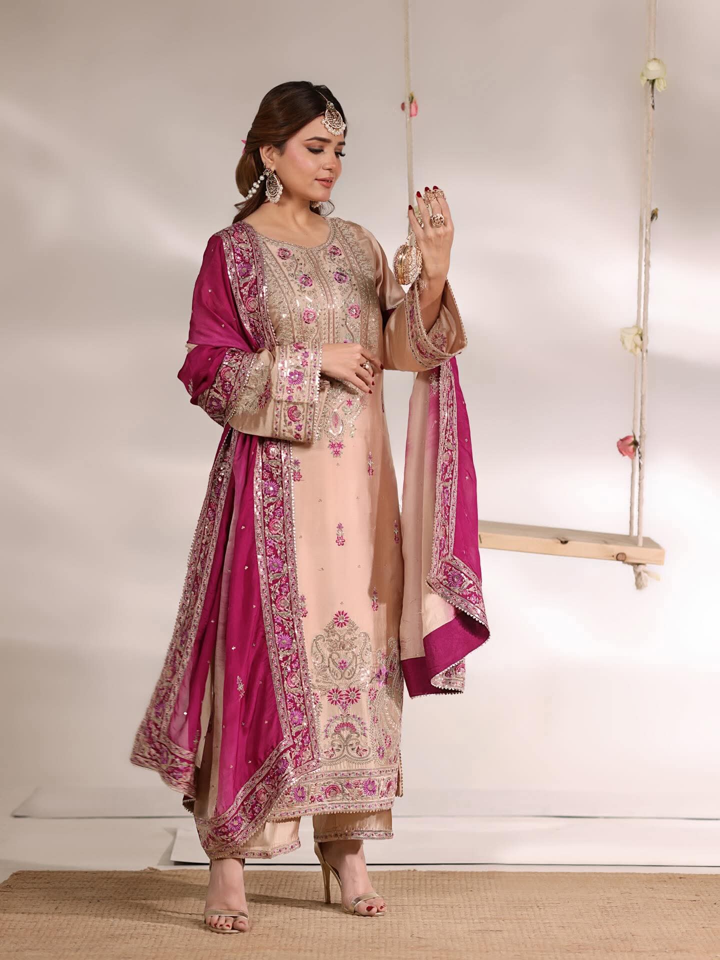 AA Aneela's original Luxury partywear embroidered silk suit 3-piece with soft silk dupata