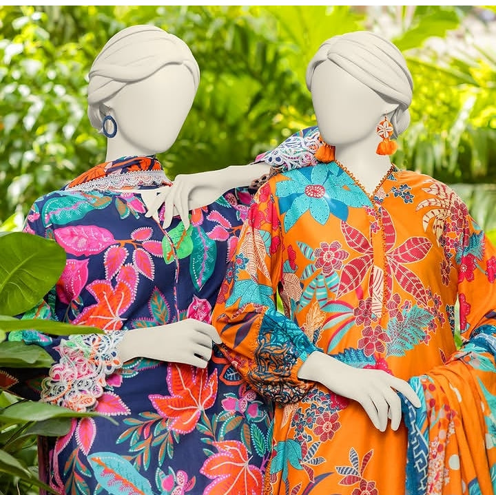 J. Original tailor stitched 3-piece Embroidered Lawn with lawn dupata embellished with lace and pearl hanging