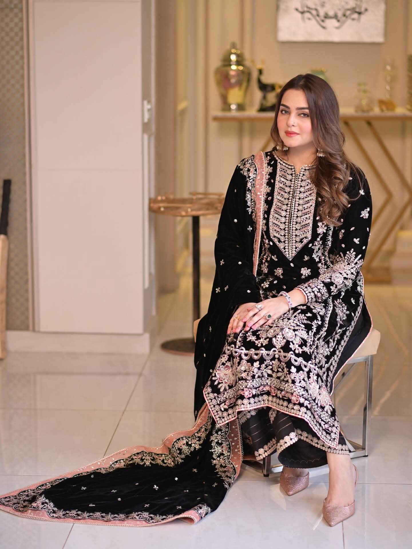 Aneela's original Luxury velvet suit kameez shawl with velvet material trouser embroidered silk fabric