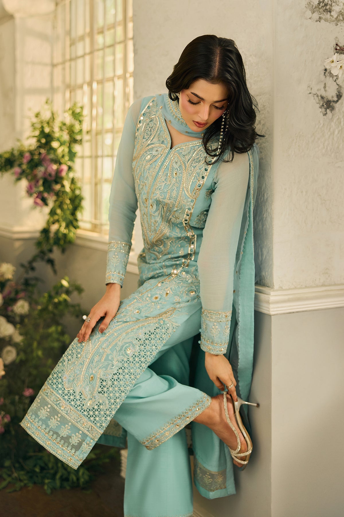 A1 Charizma brand Stitched original luxury embroidered Cline chiffon collection with net dupata dupata embroidered same like pic