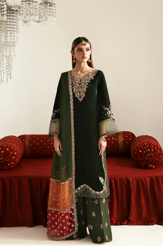 Emaan Adeel Luxury Velvet Mehndi Green Suit – Chiffon Dupatta | Eid & Wedding Collection