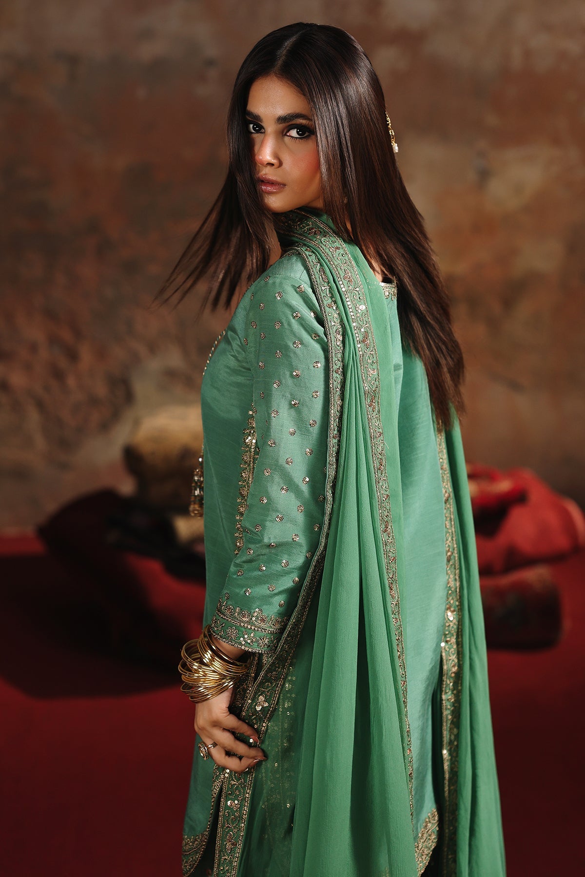 AAA Original by charizma raw silk material with chiffon dupata fully embroidered suit