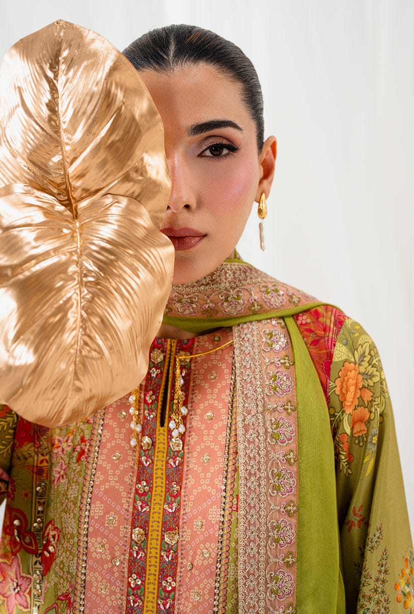 AA1 Original brand stitched  crepe silk 3piece suit with silk embroidered Dupata