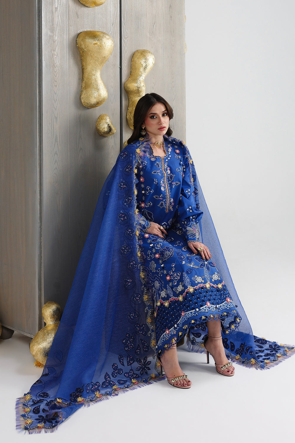AA1 Original Qalamkar brand stitched 3-piece Luxury Lawn with soft net Dupatta Emberoidered embellished Dress.