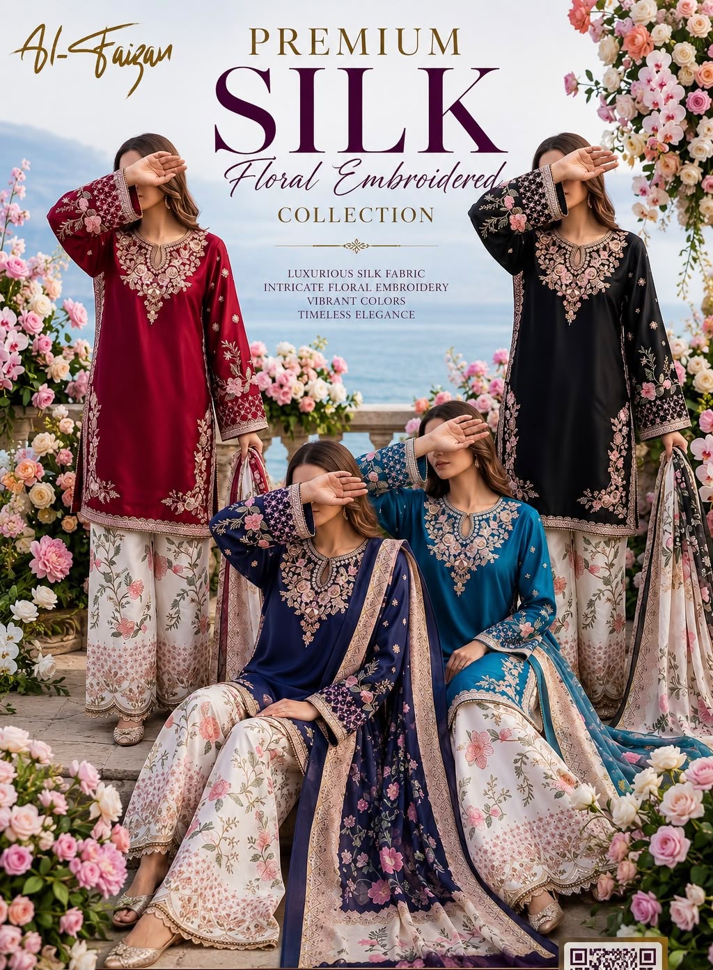 -1 3-piece shamooz silk embroidered suit with embroidered trouser and soft silk printed dupata
