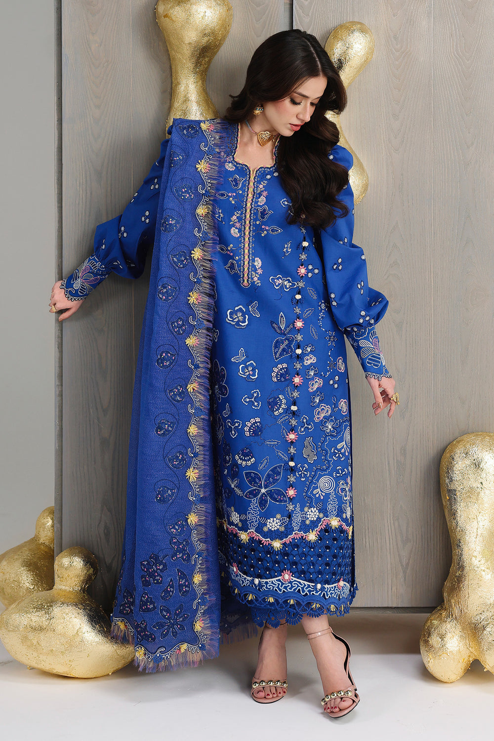 AA1 Original Qalamkar brand stitched 3-piece Luxury Lawn with soft net Dupatta Emberoidered embellished Dress.