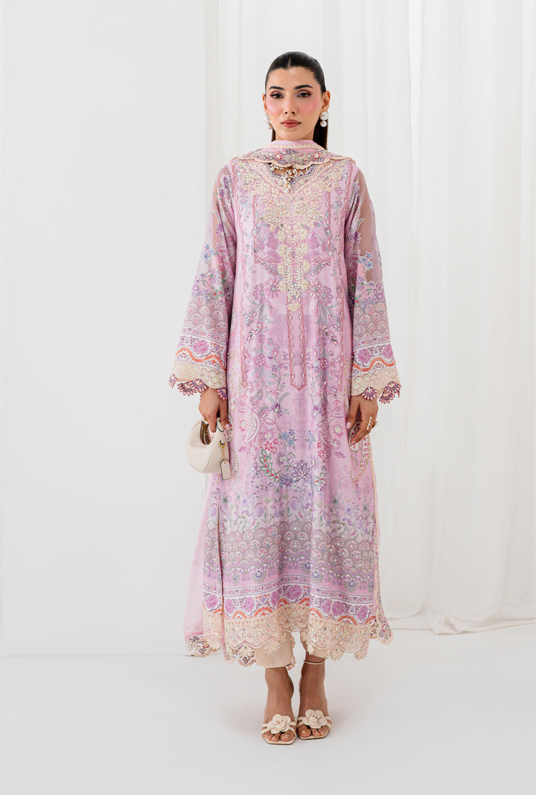 AA1 Original brand stitched  crepe silk 3piece suit with silk full embroidered Dupata with 4side emberoidered patch