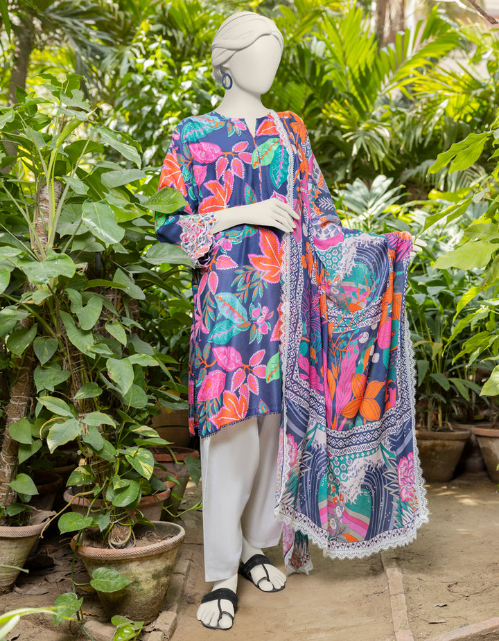 J. Original tailor stitched 3-piece Embroidered Lawn with lawn dupata embellished with lace and pearl hanging