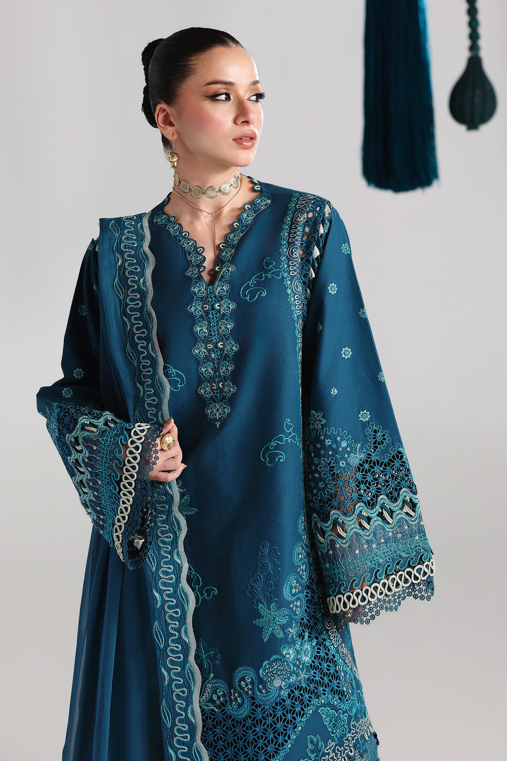AA1 Original Qalamkar brand stitched 3-piece Luxury Lawn with Chiffon Dupatta Emberoidered embellished Dress.