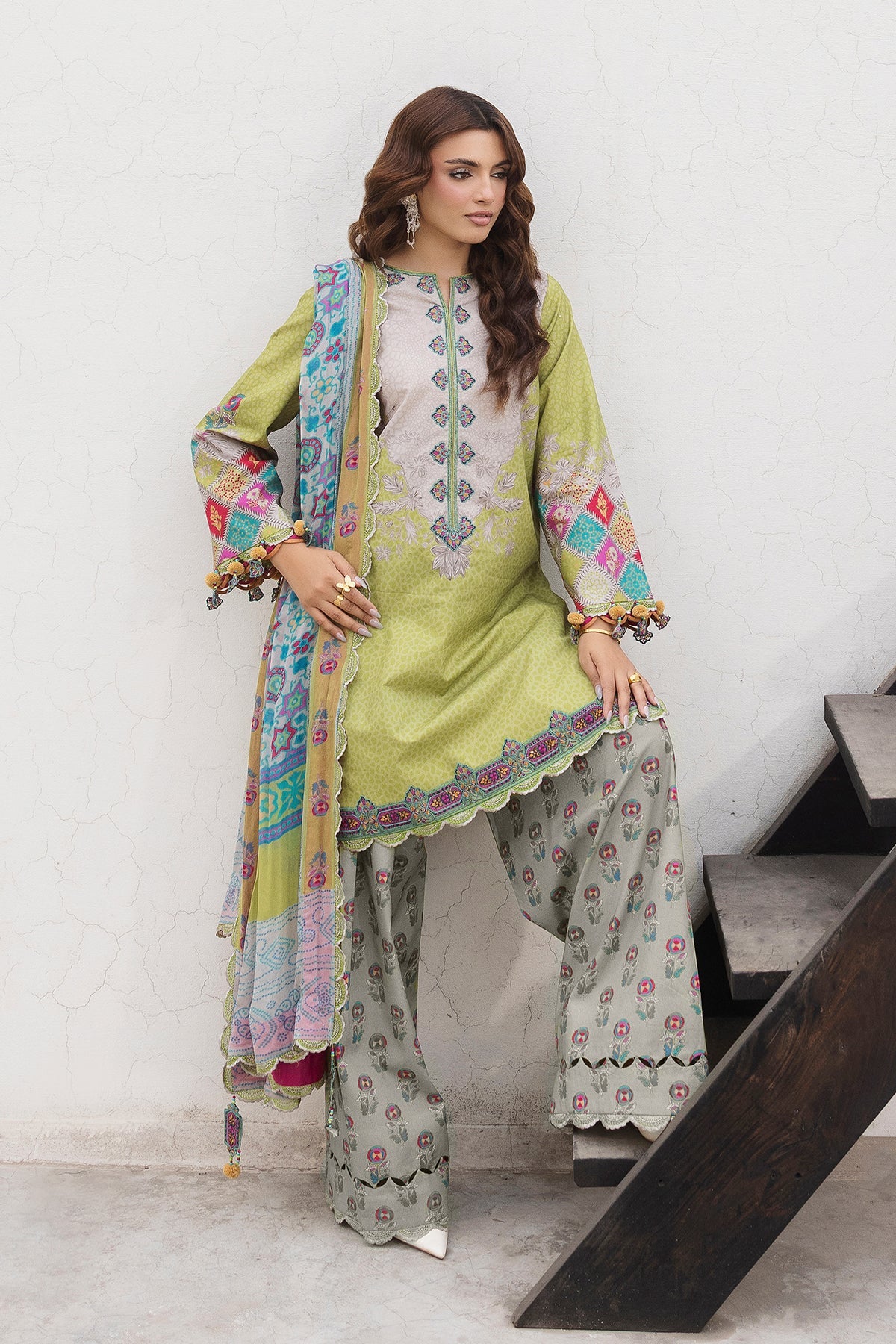 AA1 Original charizma brand 3-piece stitched Embroidered Lawn with chiffon dupata