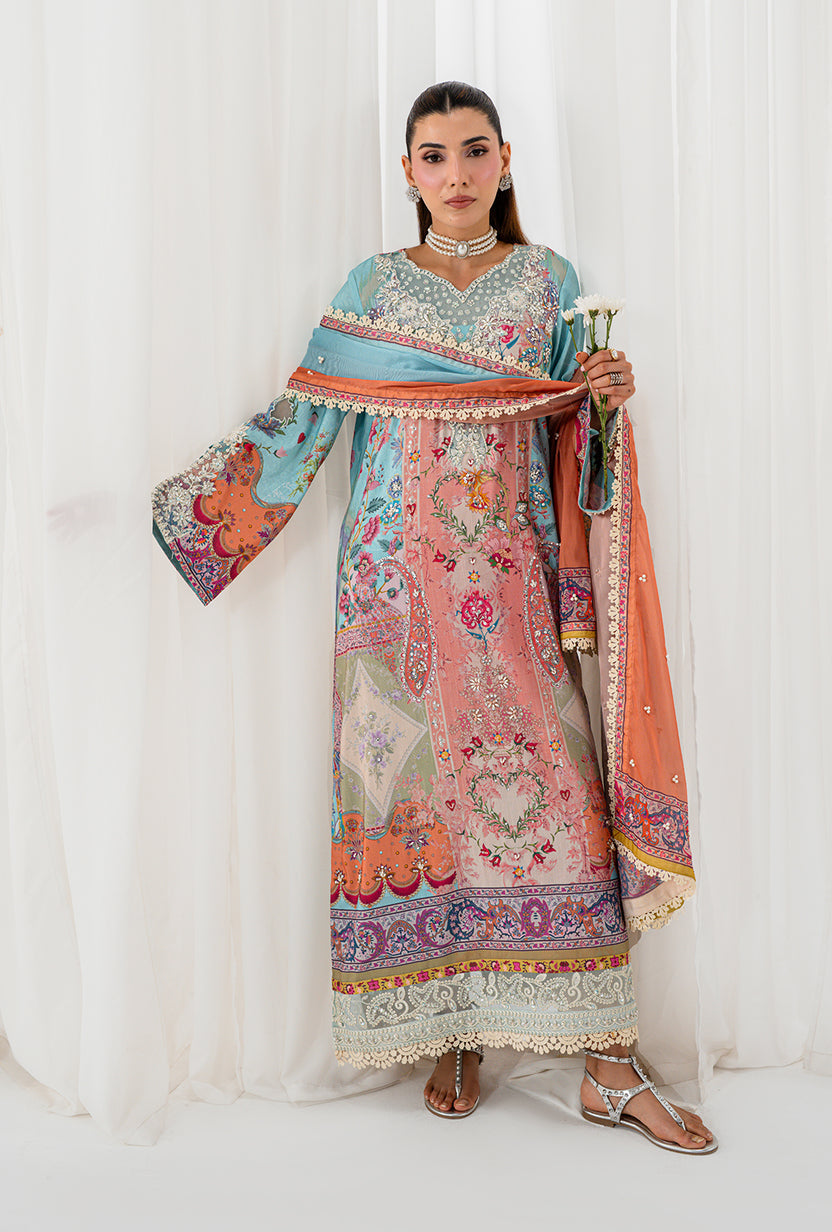 AA1 Original Crepesilk embroidered with adda work embellishement 3-piece with embedded silk dupata