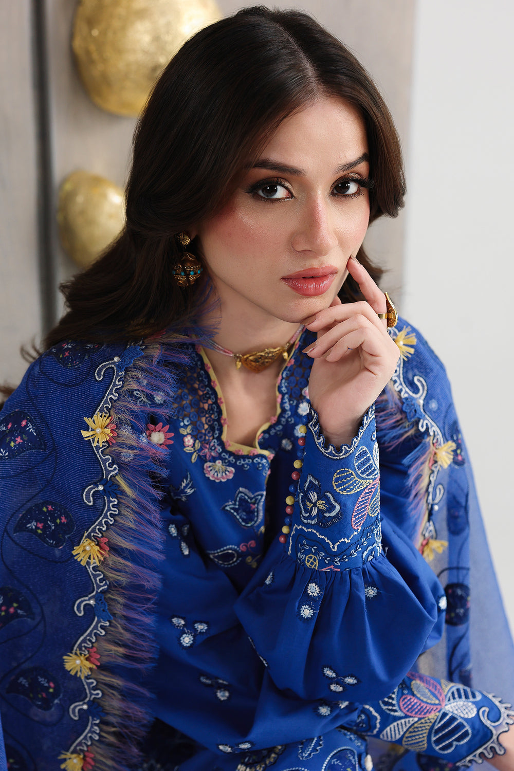 AA1 Original Qalamkar brand stitched 3-piece Luxury Lawn with soft net Dupatta Emberoidered embellished Dress.
