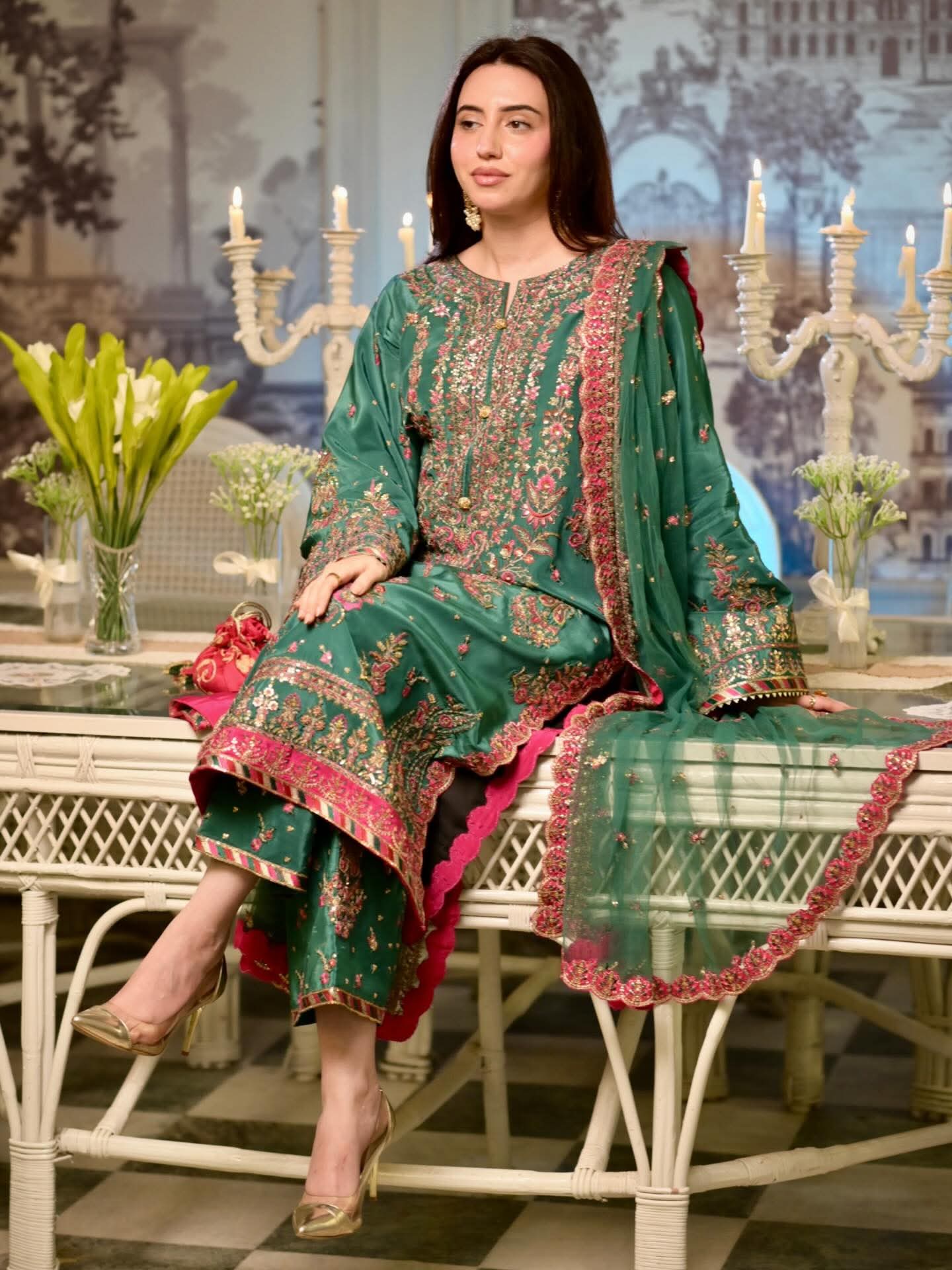 Aneela's original shesha silk emberoidered luxury suit with net dupata full embroided