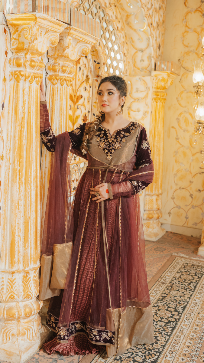 Original by Zahra ahmad brand neckline embellish with velvet and frock with net fabric with net dupata 2 piece